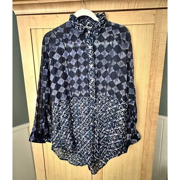 Dolma "Blair" Blue Tunic Top Blouse Size Large, Sheer, Geometric Pattern, Cotton - Picture 1 of 7